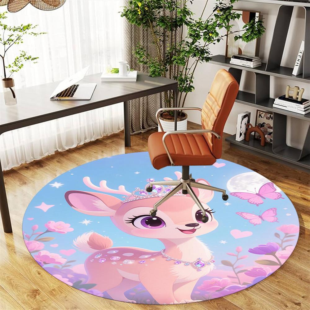 1PC Deer Princess Flowers Round Chair mat Area Rug - Non-Slip, Floor Mat for Office, Bedroom, home decor Christmas Gift c0528003