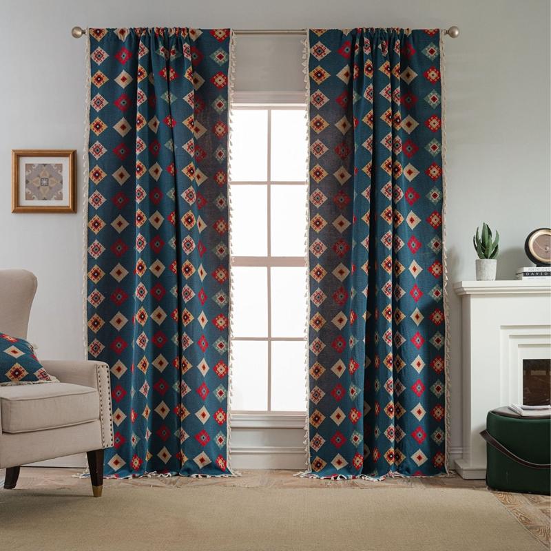 Bohemian Style Curtains Blue Geometric Jacquard Fringe Valance Home Bedroom Living Room Balcony Decorative Curtains
