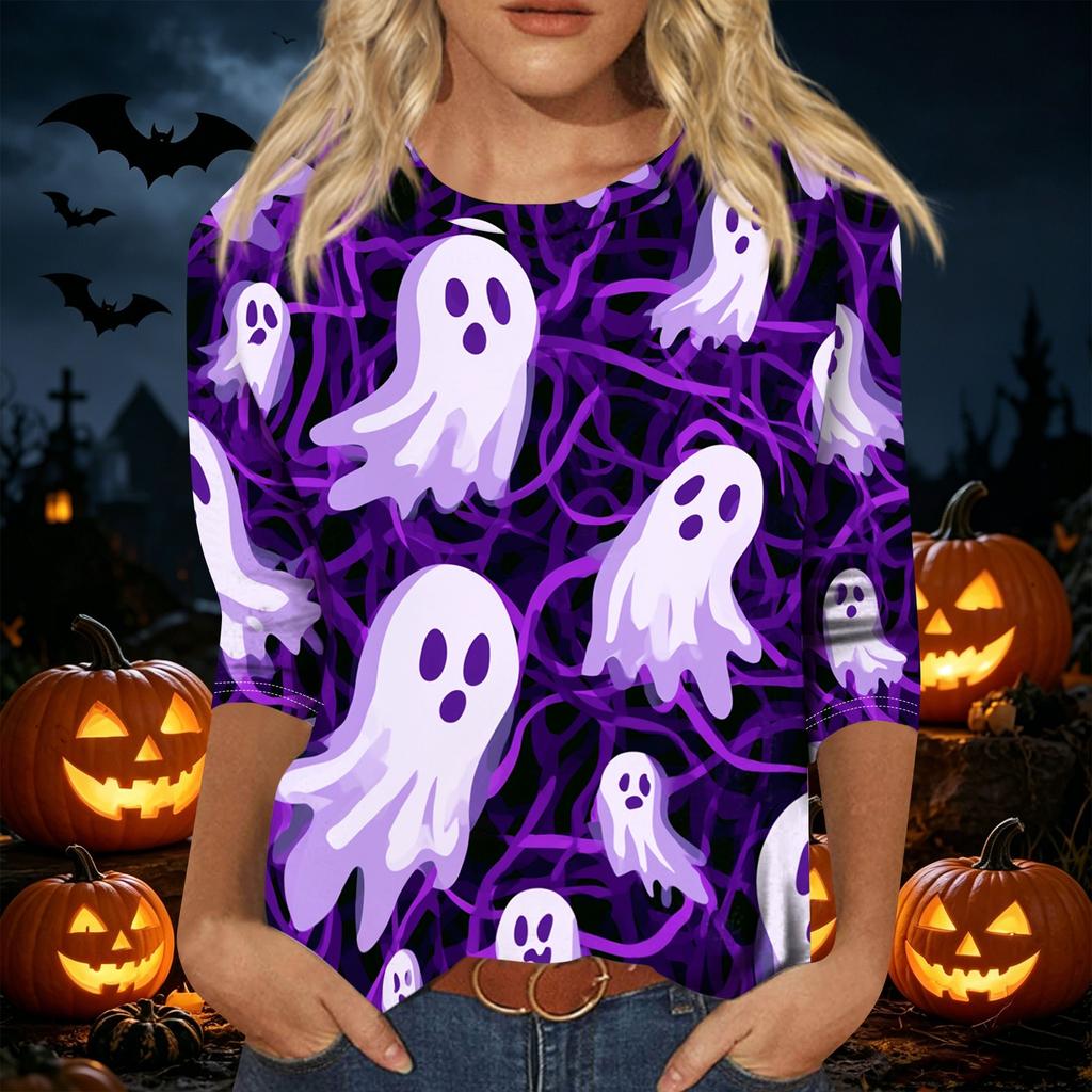 Womens Casual Halloween Print Pullover Shirt Three Quarter Sleeve Round Neck Top Lightweight Comfortable Fabric