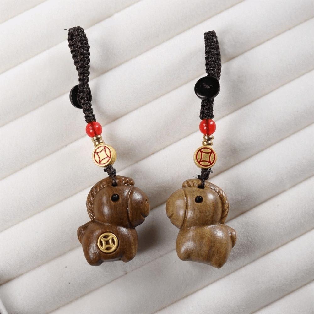 Becoming Rich Zodiac Horse Key Chain Cartoon Handmade Rope Wood Phone Chain Lanyard Sandalwood Chinese Style Key Ring New Year