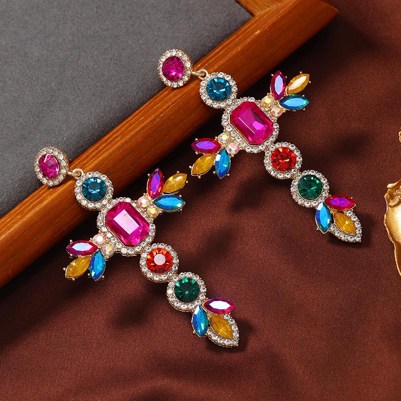 European Bohemian Baroque Cross Diamond Earrings for Women
