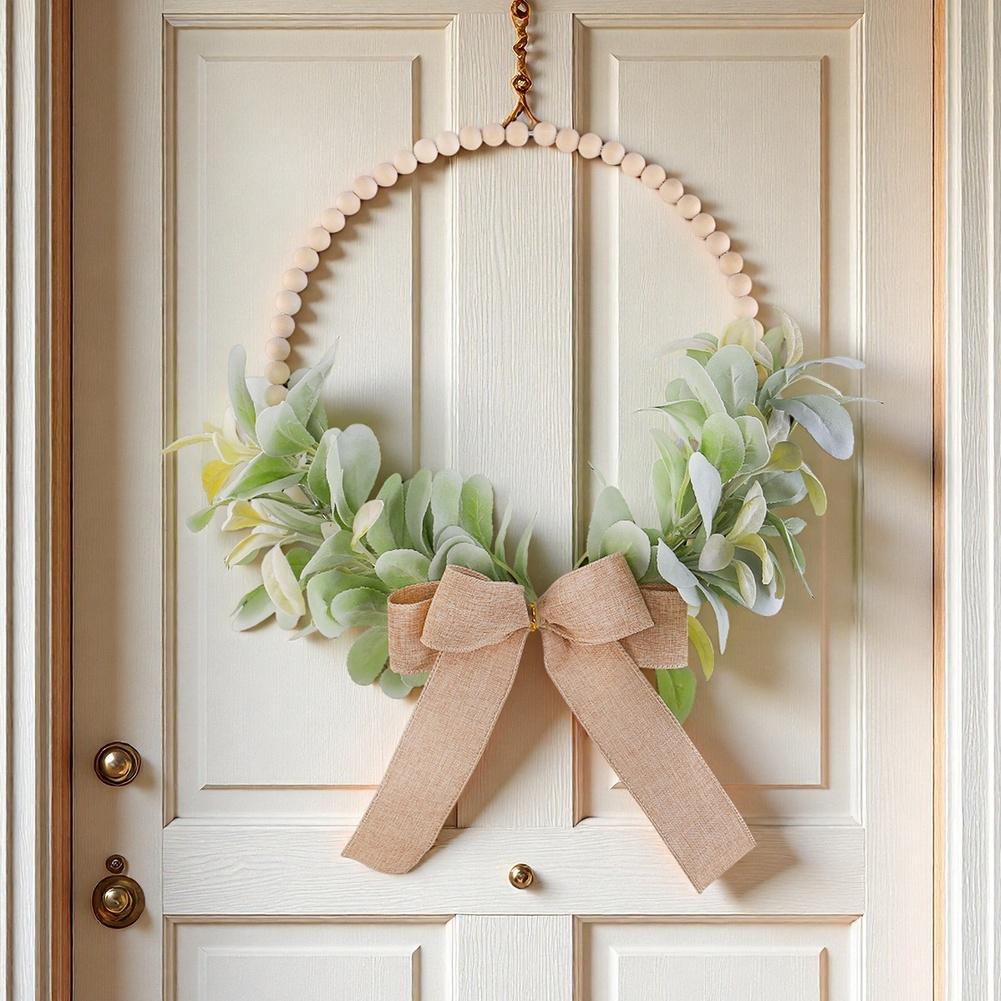 Sezonowa Wianek w Stylu Wiejskim ze Sztucznymi Jesiennymi Liśćmi Drewnianymi Koralikami Kokardką do Zawieszenia na Ścianie Dekoracja Drzwi