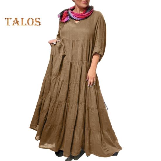 

Женское платье макси с V-образным вырезом, длинными рукавами, однотонное длинное платье с оборками, плиссированным подолом, летнее платье для отдыха XL коричневый