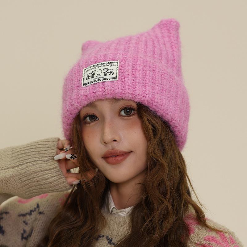 New cute cat ear patch solid color knitted hat autumn and winter face small wool hat warm ear protector pullover hat cold hat