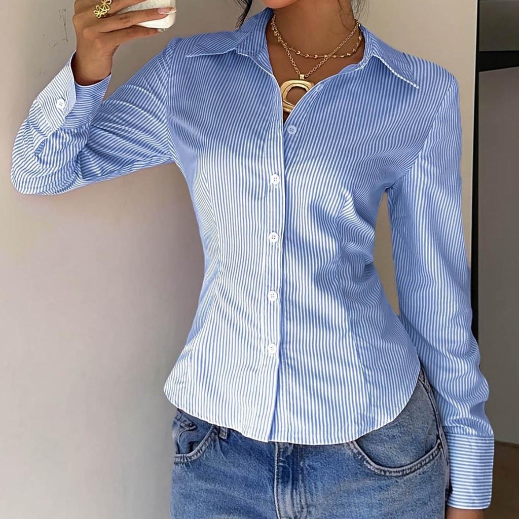 Blouses & Shirts - Spring Autumn Women's Vertical Striped French Long Sleeve Shirt, Design Sense Slim Waist Fitted Blouse Women, Crossborder Top