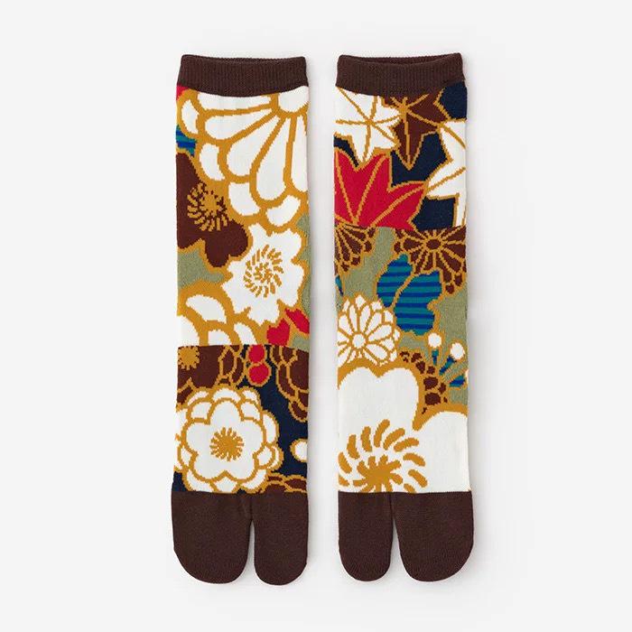 Trendy Japanese Multi-Color Jacquard Floral Tabi Socks - Cute Split-Toe Mid-Calf Design