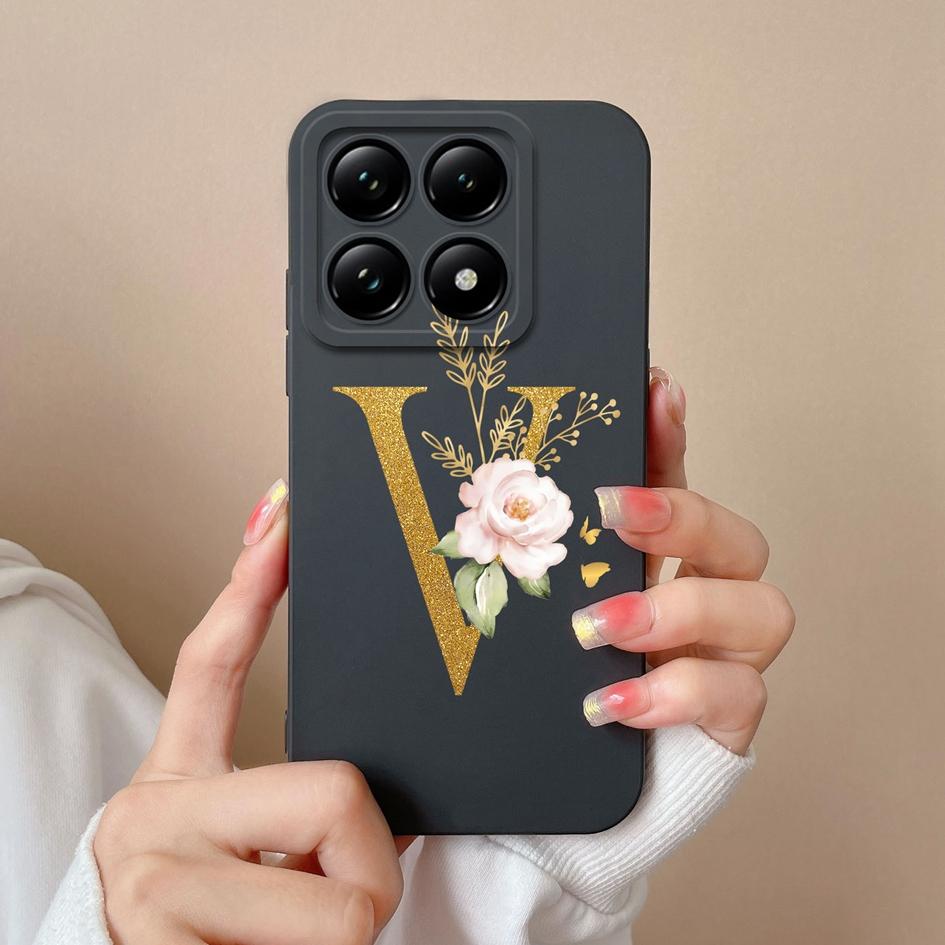 Liquid Soft Silicone Bumper For Xiaomi 14T Pro 5G 14 T Cover Pretty 26 Flower Letters Cases Anti Drop Housing Phone Shell Fundas