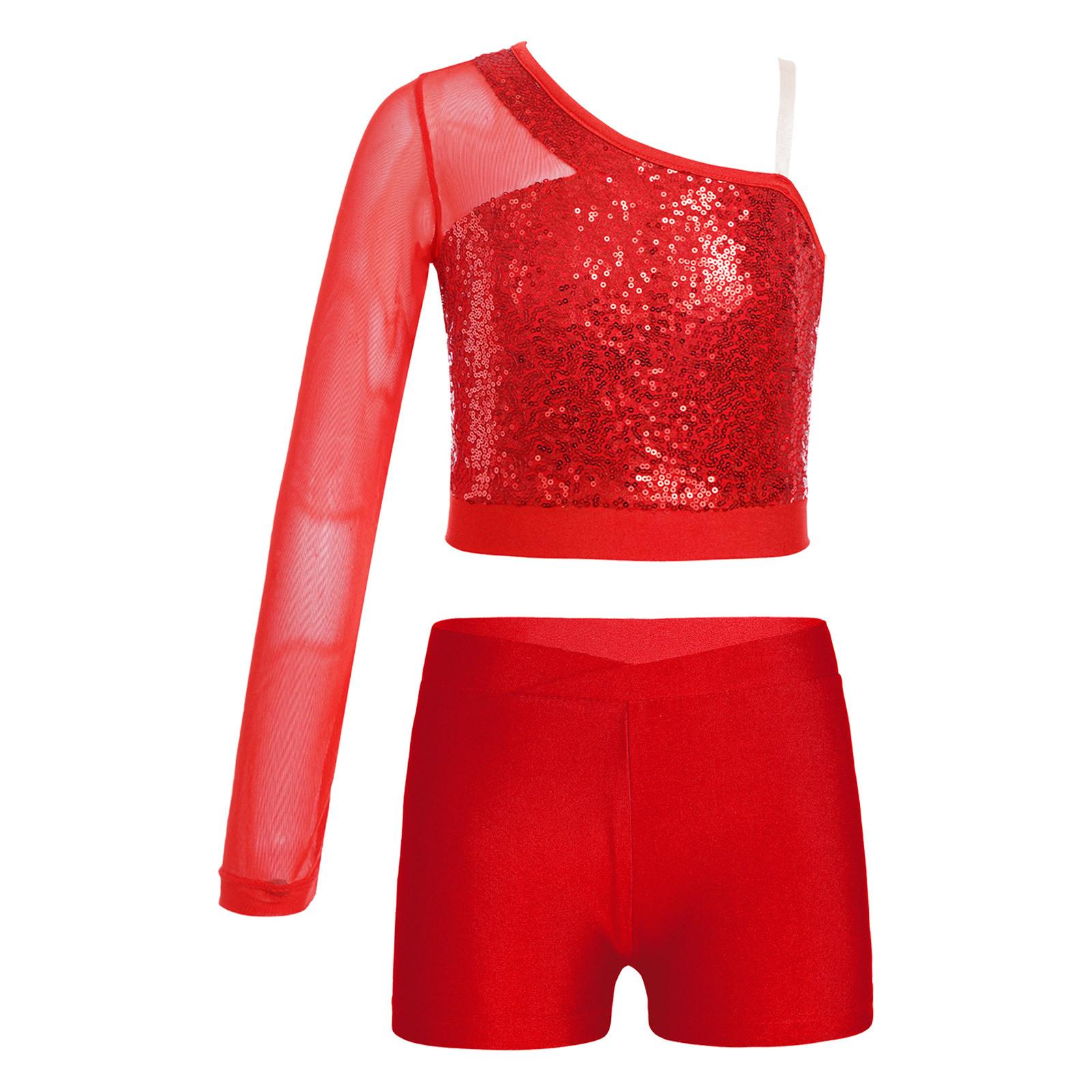 

Девочки Блестящие Пайетки Танцевальный Топ Прозрачная Сетка Длинный Рукав На Одно Плечо Кроп-Топ с V-образным Поясом Шорты 5-6 Years красный