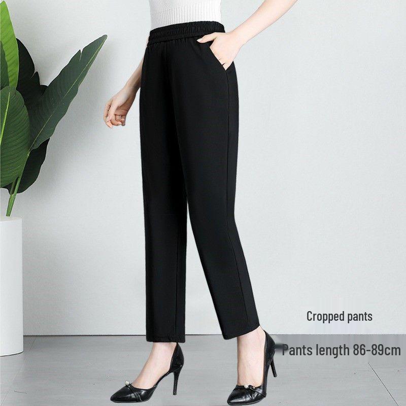 Women's Ice Silk Quick-Dry High Waist Cropped Trousers - Summer Lightweight, Elastic, Breathable Loose Fit for Middle-Aged & Elderly.