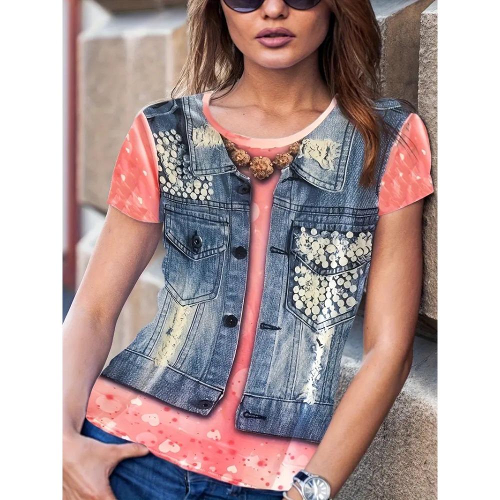 Summer Fashion Fake Denim Women's Short Sleeved Round Neck T-shirt Casual Loose Breathable T-shirt