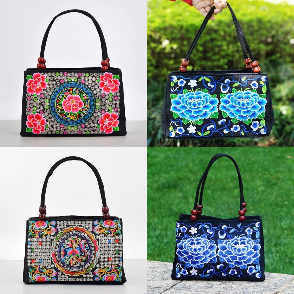 Artful Ethnic Doublesided Embroidered Canvas Handbag With Wooden Bead Accessories For Daily Use