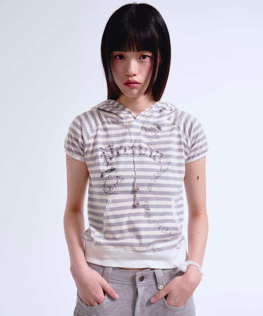 Stripe Hoodie Short Sleeve Gray