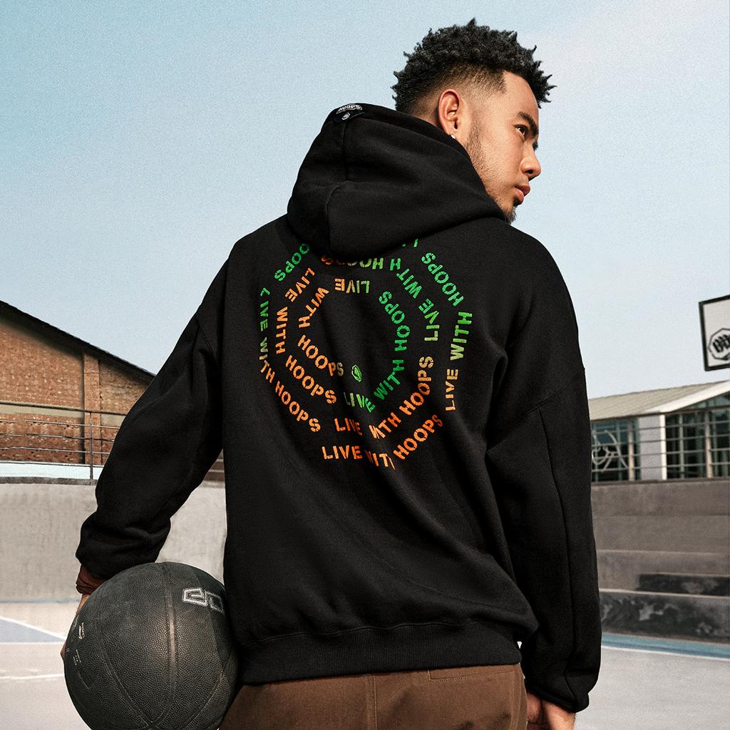 Li Ning Basketball Series Hooded Loose Letter Pullover Long Sleeve Fleece Sweatshirt Men Sweatshirt Black AWDU503-1