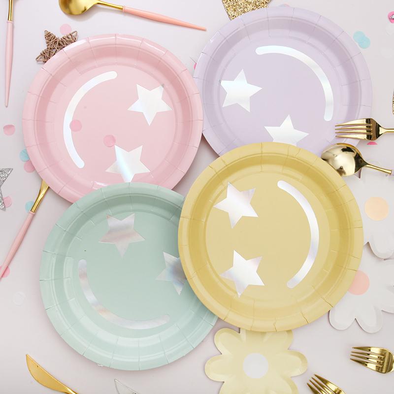 8pcs Mix Color Star Smiling Expression 9inch Plates Birthday Party Decorations Tableware Set Smiling Theme Baby Shower Events