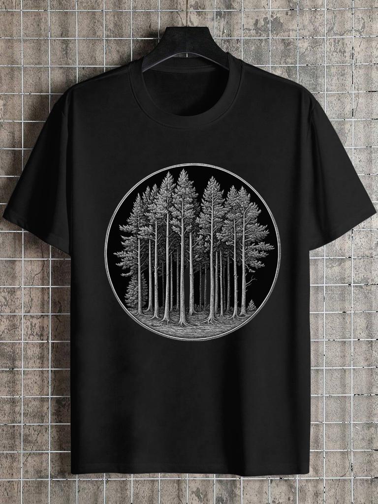 1pc Casual Crew Neck Short Sleeve T-shirt - 180g Cotton All-Season Tee with Detailed Black & White Forest Geometric Tree Illustration
