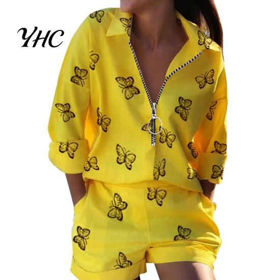 Girls Shirt Shorts Suit 2Pcs/Set Women Turndown Collar Long Sleeves Metal Ring T-Shirt Pants Trousers Kit Zipper Spring Summer Feather Printed