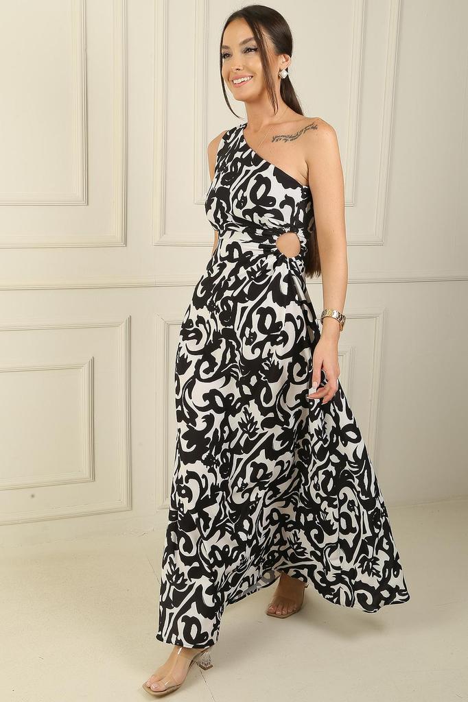 Women's One Shoulder Side Window Ethnic Pattern Long Crepe Satin Dress