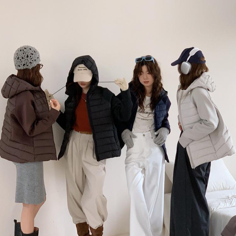 Splicing Knitted Long-sleeved Hooded Cotton Clothes Women's Autumn and Winter Versatile Casual Padded Cotton Warm Short Cotton-padded Jacket