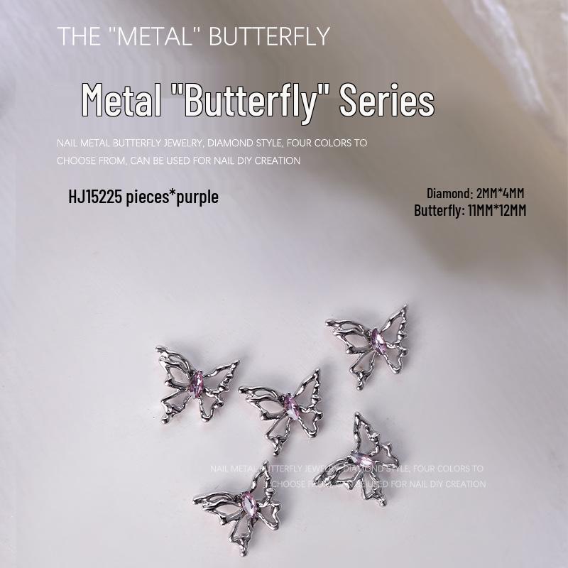 

3D Silver Butterfly and Marquise Diamond Rhinestone Nail Art Decorations - 5pcs