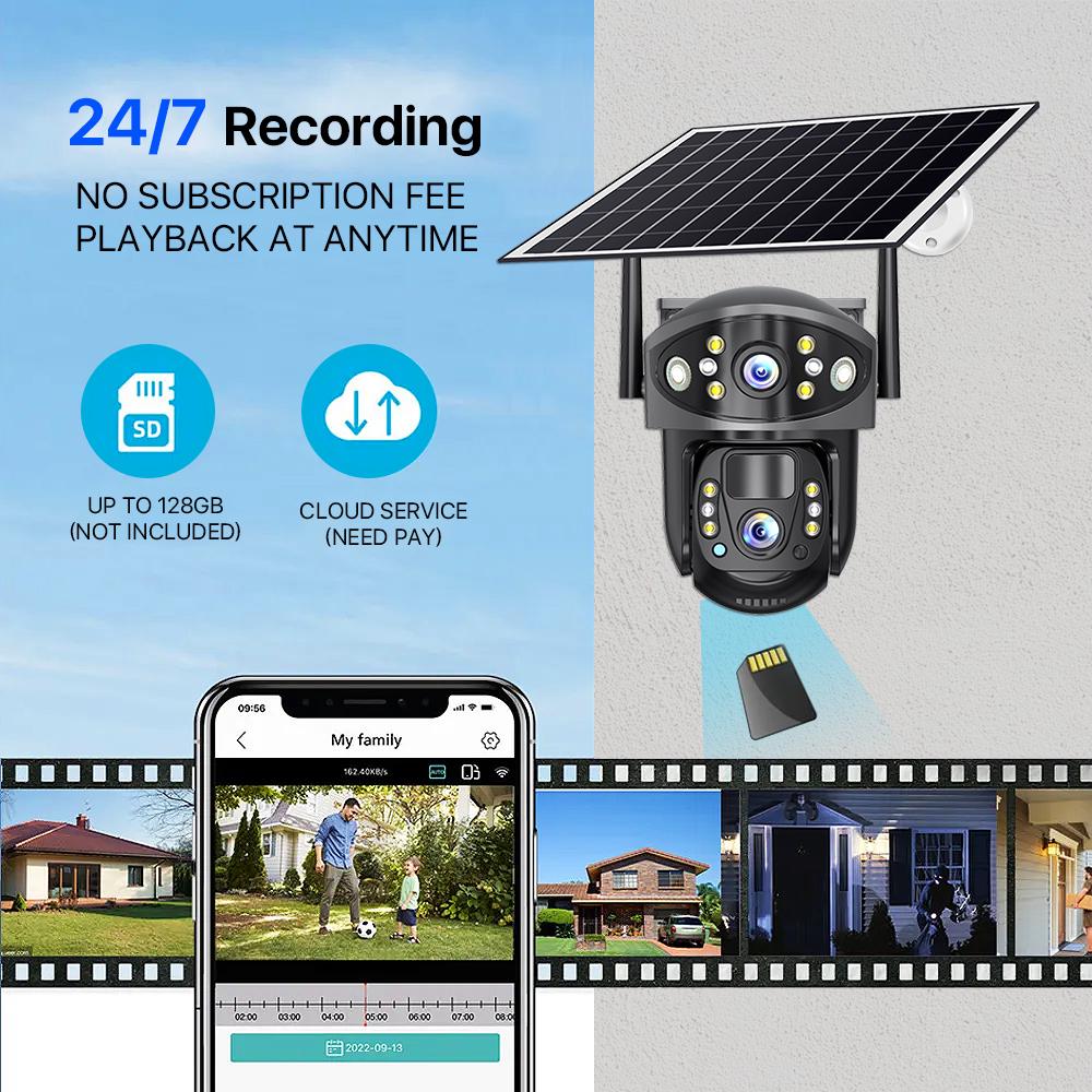 Solar-powered Charging Monitor, Wireless WIFI 4G Camera with Night Vision, High-definition Dual-lens Dual-view Home Security Camera.
