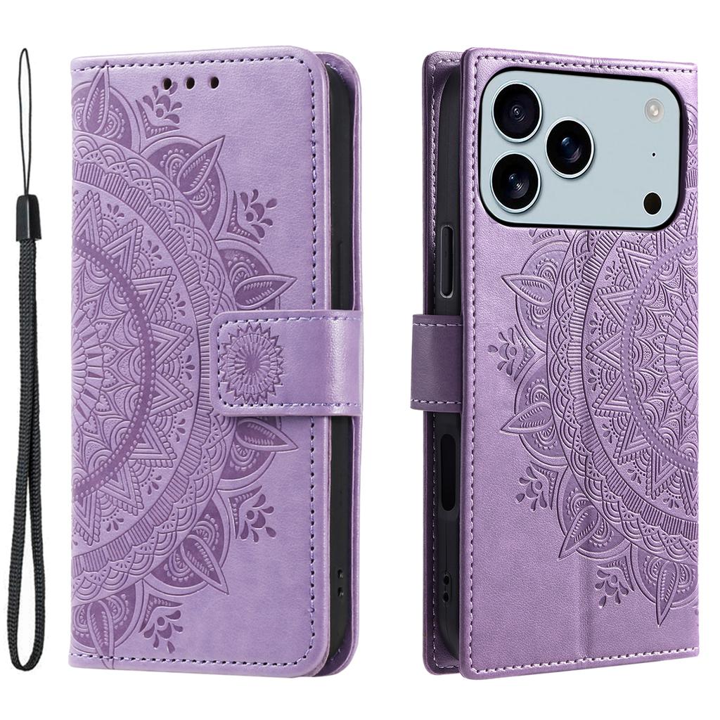 For iPhone 17 Pro Max Stand Case Imprinted Totem PU Leather Wallet Phone Cover with Wrist Strap
