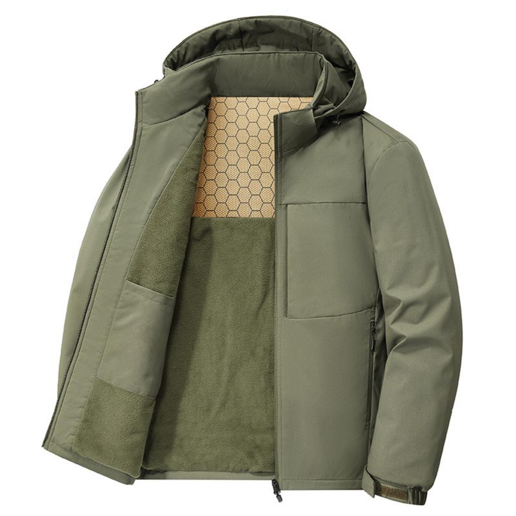 Men's Casual Solid-color Stand-up Collar Hooded, Fleece Thickened Loose Windproof Cotton Jacket