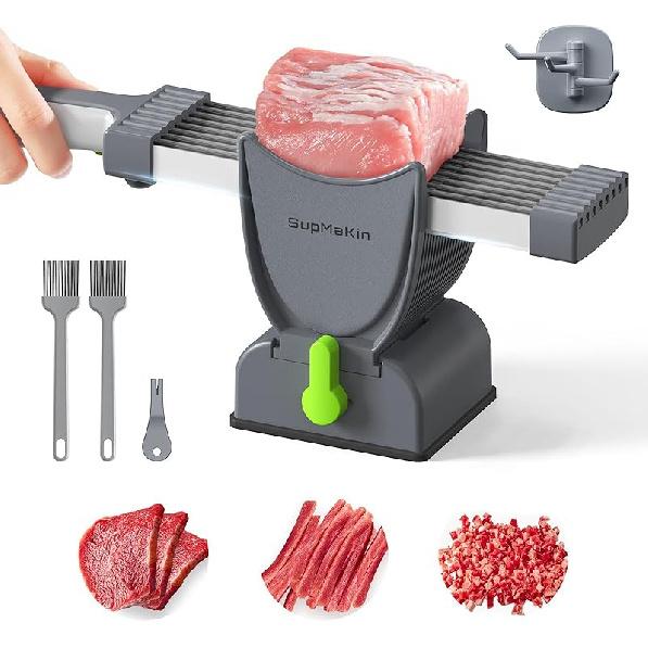 SupMaKin Овощерезка для свежего мяса, регулируемая толщина 2 или 4 мм, 17 в 1, ручной мясной нож из нержавеющей стали, кухонный нож-тесак, набор для нарезки вяленого мяса, подходит для серый