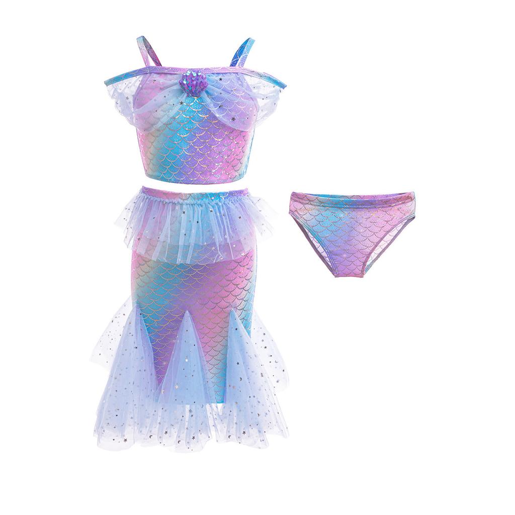 Ariel mesh cross-border mermaid girls' hot spring vacation beach sun-protection quick-dry swimsuit stylish three-piece set