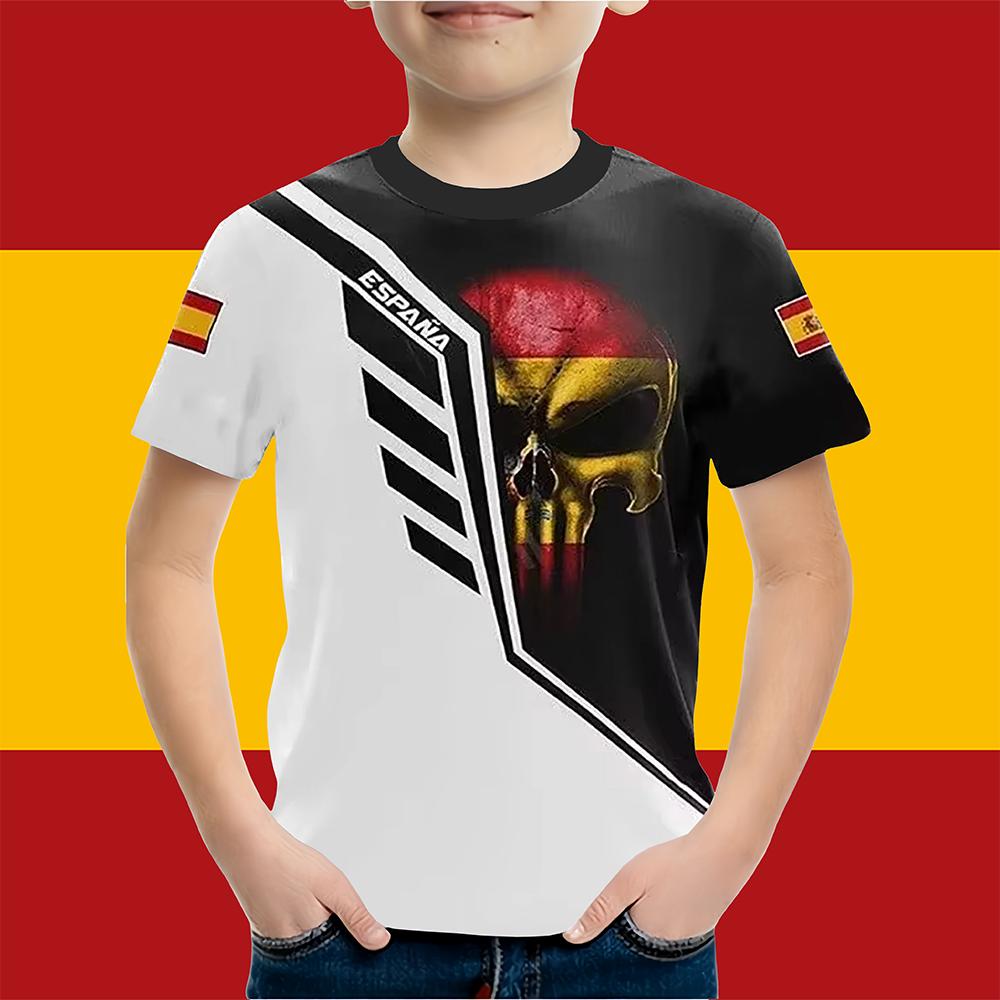 Boys Clothes Spanish Flag Graphic T-Shirt Vintage Casual Short Sleeved Kids Clothes 2-14Y Summer Outdoor Spanish Child Top Tee