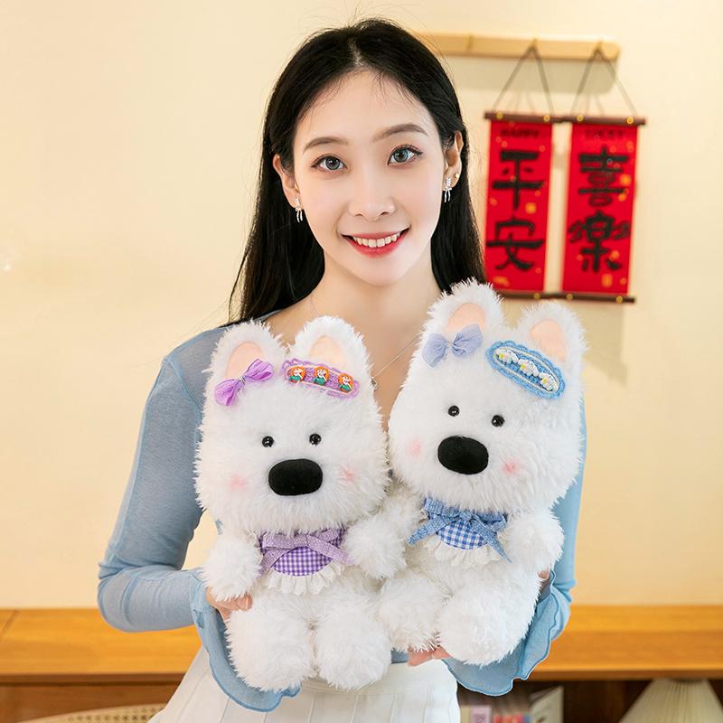 30cm Super Cute Lace West Highland Terrier Plush Toys Soft Fluffy Cartoon Puppy Wearing Bibs Bow Pretty Decor Sweet Gift To Girl
