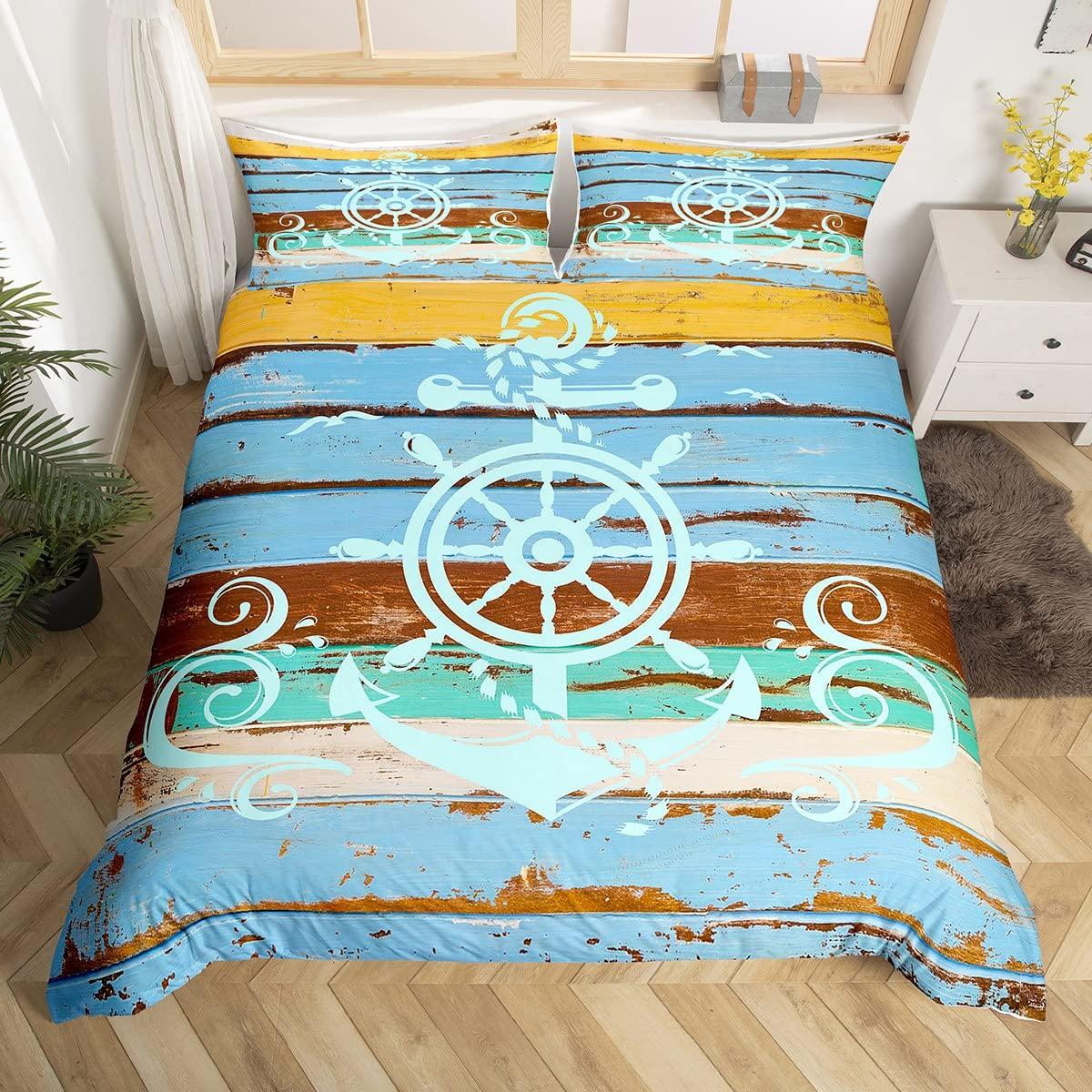 

Ship Anchor Bedding Set Nautical Duvet Cover For Men Teens,Wheel Compass Quilt Cover Rustic Retro Ocean Theme Sketch Room Decor EU Single(135x200cm)