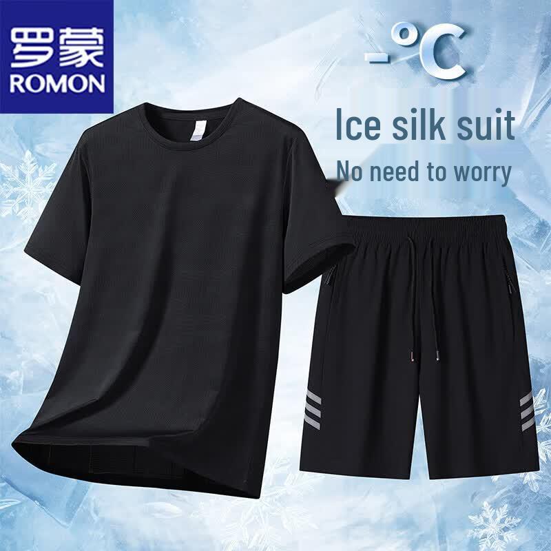 ROMON Men s Ice Silk Short Sleeve T-shirt & Shorts Set 4XL