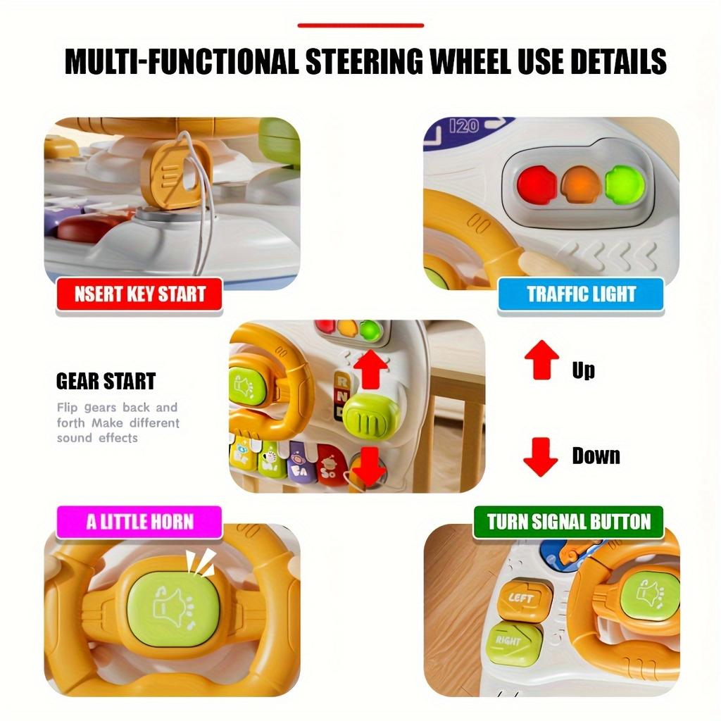 Multifunctional Educational Game Table for Youngsters,Interactive Steering Wheel, Musical Piano Keys,Traffic Light Flashing,Gear Start,Battery Powered