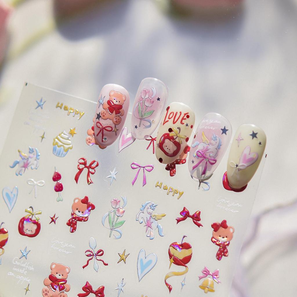 Tomoni Little Bear Red Scarf Nail Stickers: Cute Spring Shell Light Decorations