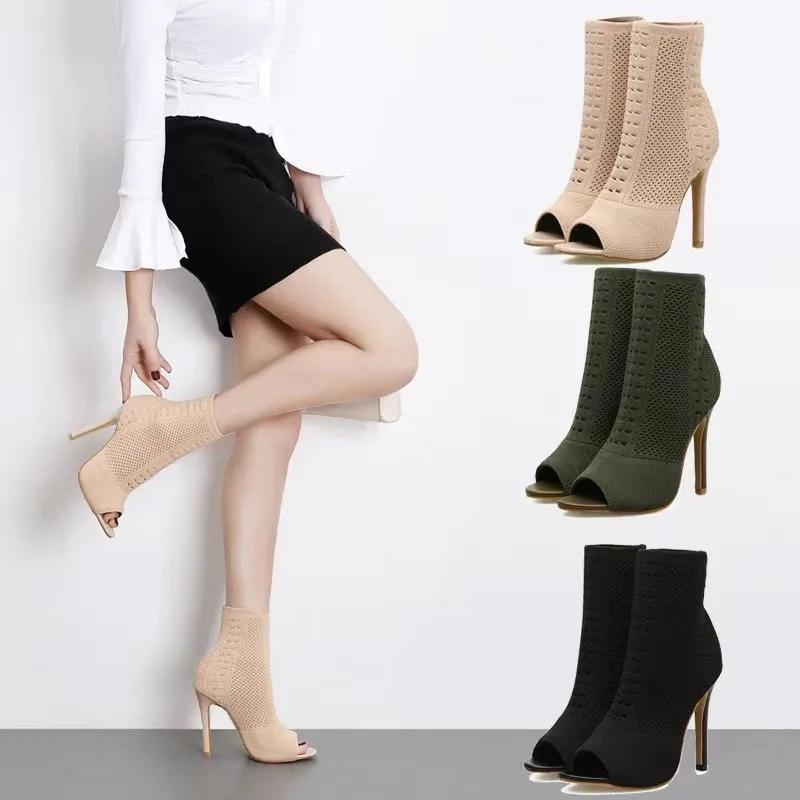 Style Peep Toe Ankle Boots Stretch Women Fabric Out Breathable Booties Sexy Dance Pole Ladies Pumps Shoes 2025