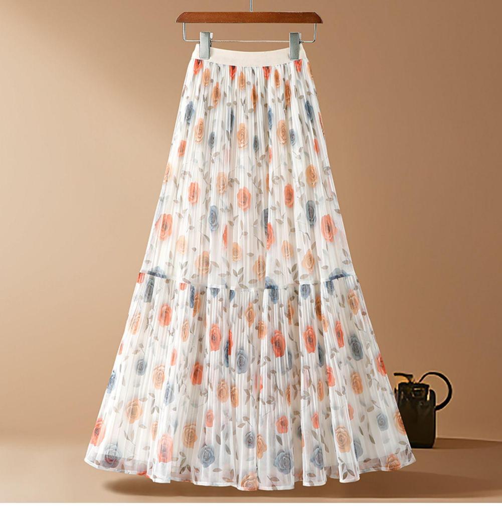 Qooth Chiffon-Midirock mit Blumenmuster, hoher Bund, A-Linien-Rock, femininer Stil für Frühling Sommer QT2605