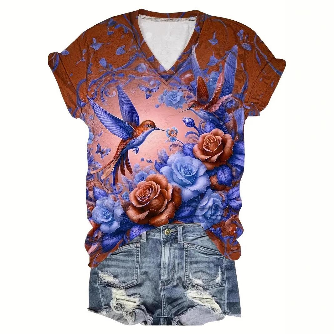 

Женские футболки с V-образным вырезом, 3D-принтом с разноцветными художественными цветами и птицами, повседневные, с коротким рукавом - Летняя одежда из полиэстера средней эластичности, свободного кроя 5XL