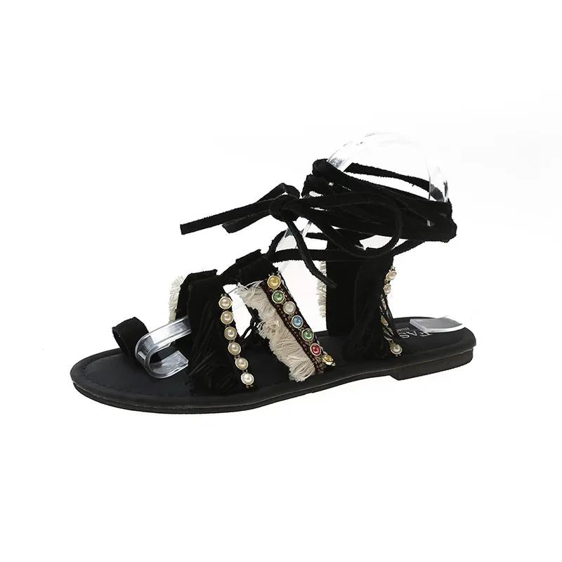 Bohemian Ankle Strappy Summer  Sandalias De Mujer Mixeds Color Flat Roman Shoes Comfort Holiday Flip Flops Sandales Femme Slides