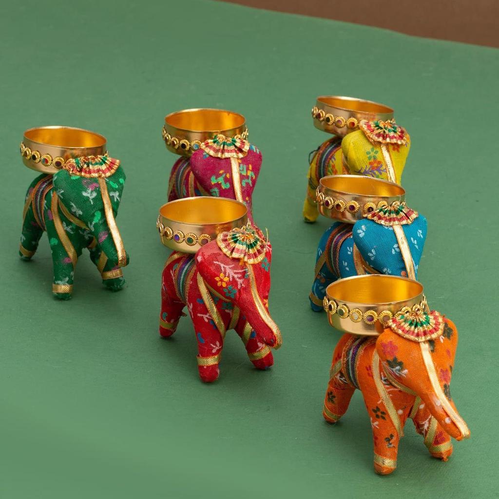 Handcrafted Recycled Material Elephant Tealight Candle Holder Home Decoration Item for Diwali (Multicolor, 8 X 5 X 10 Cm) - Pack of 6, Ironc