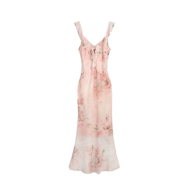 French Floral Print Dress, Spring/Summer 2026 – Elegant, Waist-Cinching, Slim-Fitting, Long Skirt.