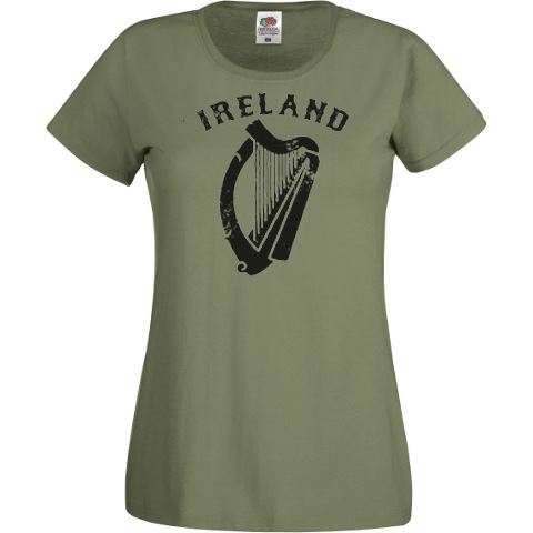 Unisexs Irish Harp Ireland St Patricks Day Lady Fit Olive Green TShirt 2XL