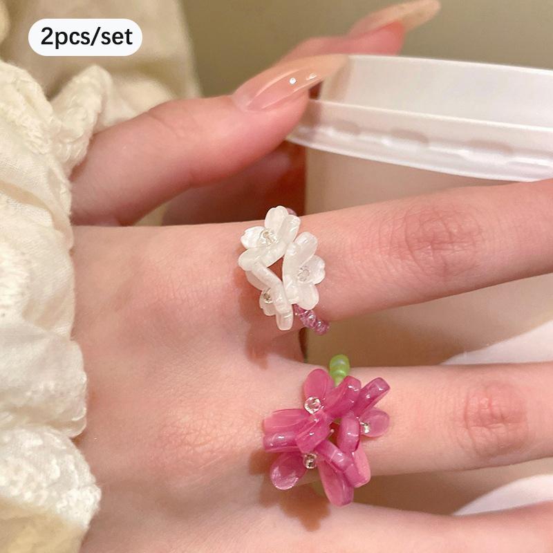 Colorful Beaded Flower Rings For Women Girls Korean  Sweet Large Flower Finger Rings Jewelry Aesthetic Y2K Accessories