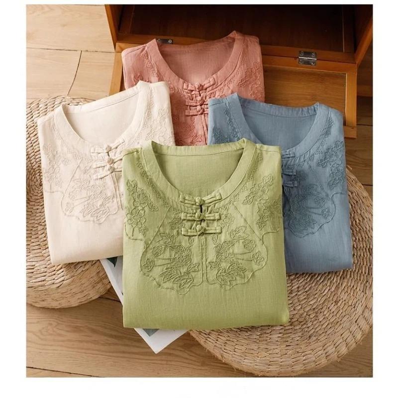 women chinese style embroidered linen blouse frog button three quarter sleeve shirt
