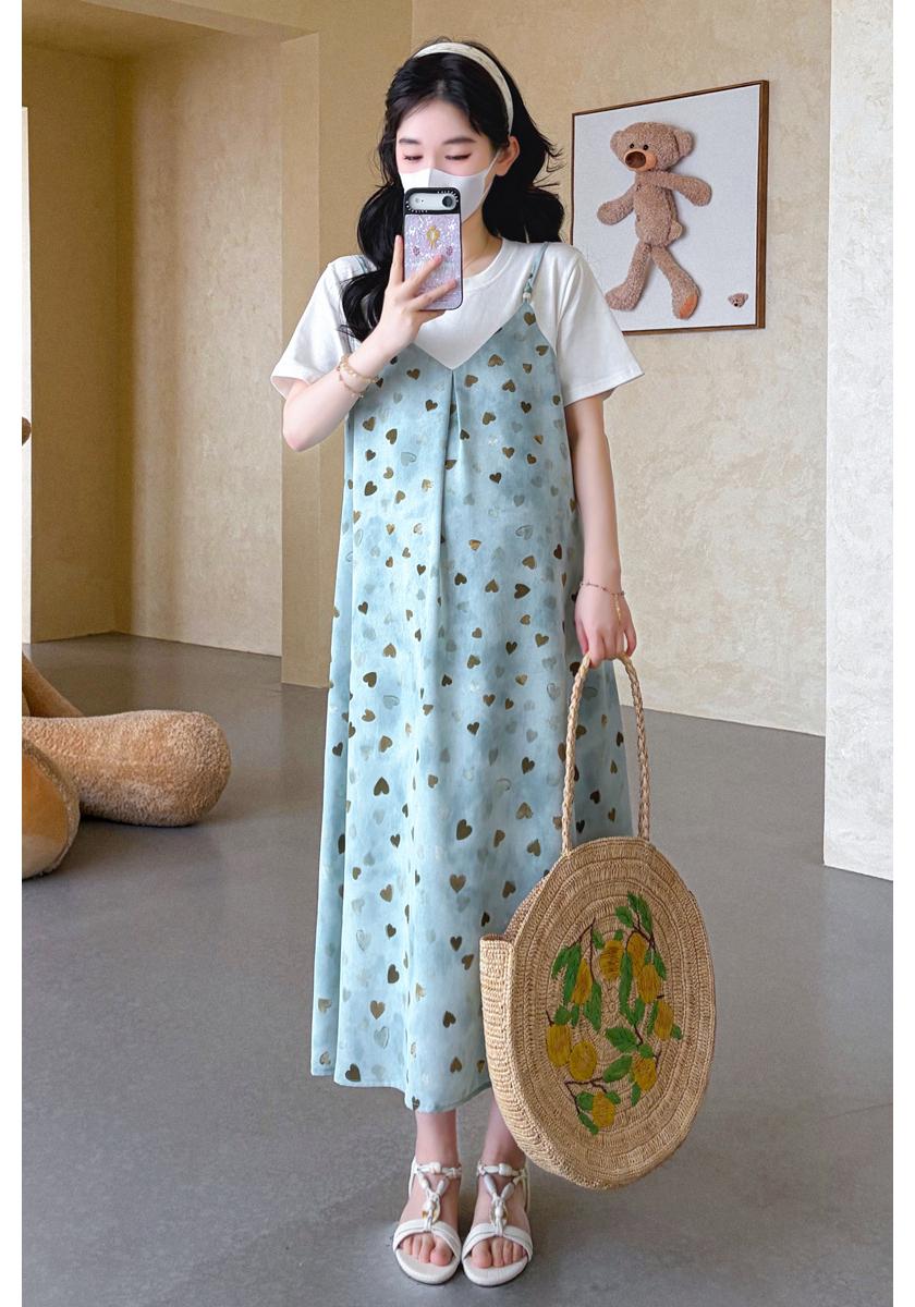 2026 Summer Short Sleeve Maternity Patchwork Dress - Stylish Korean Loose Fit Two-Piece Skirt 2X Large