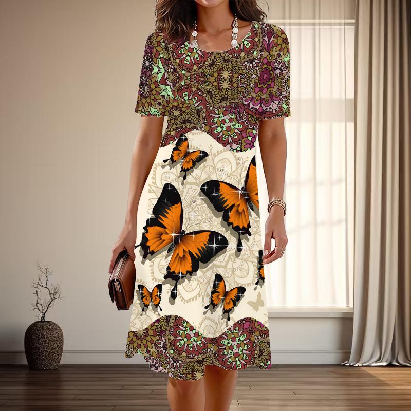 

Женская мода изящный красивый принт бабочки лето весна короткий рукав О-образный вырез повседневные платья 8XL жёлтый