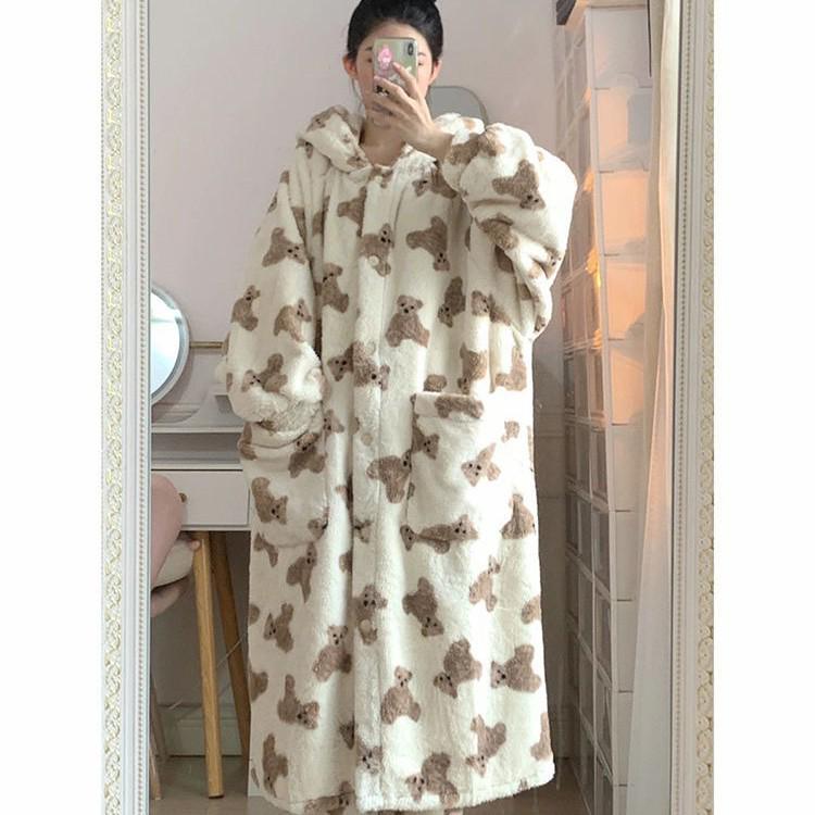 Cute Teddy Bear Coral Fleece Pajamas for Women - Autumn/Winter 2026 Thick Flannel Sleep Dress