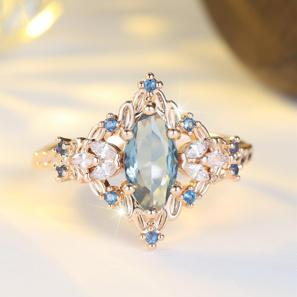 Exquisite White Light Blue Zircon Marquise Ring for Ladies Luxury Gold Color Fashion Ring Wedding Party Jewelry