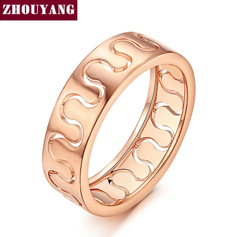 ZHOUYANG Wire Drawing Rings For Women Top Quality Fashion Design Hollowed-out Process Rose Gold Color Ring Full Sizes R376