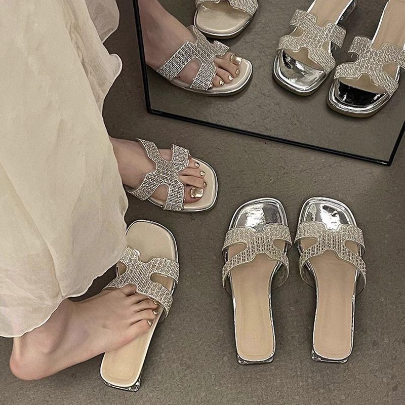 Square head elegant slippers summer one-pedal color matching cool slippers transparent heel outside wear non-slip shoes