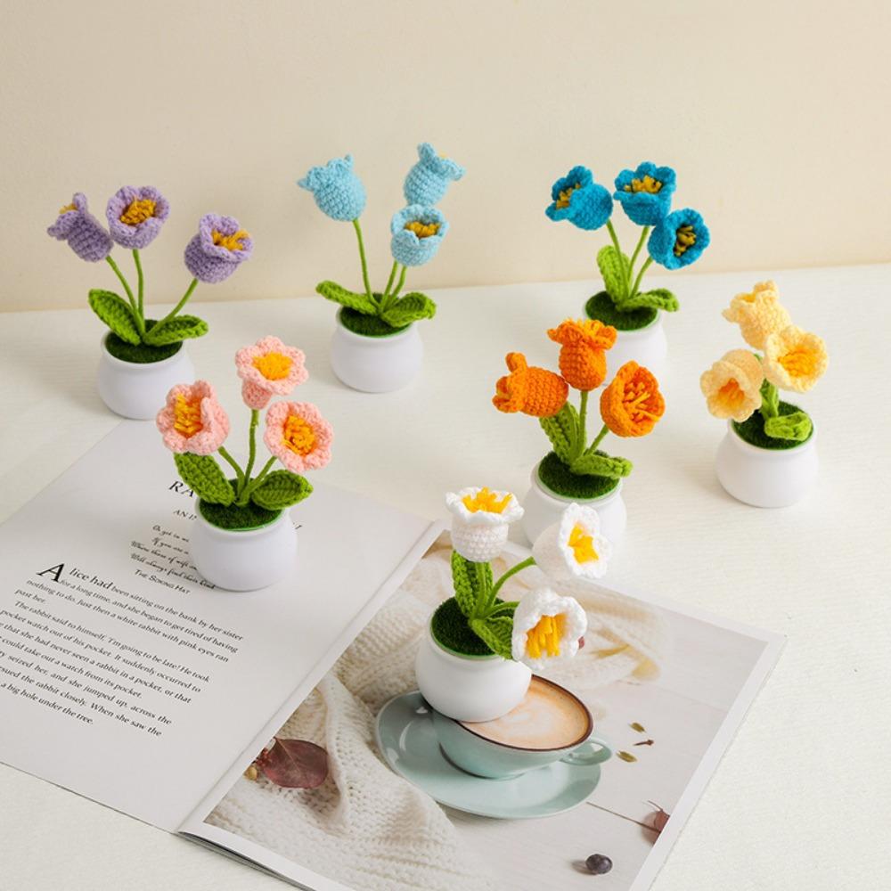 2 Pcs Knitting Crochet Bell Orchid Flowers Potted Plants for Wife Girlfriend and Women, Handmade Flowers for Car Decoration Home Decoration